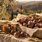 Large fresh Italian chestnuts in a wooden crate on a stone wall with an Italian hillside village in the background