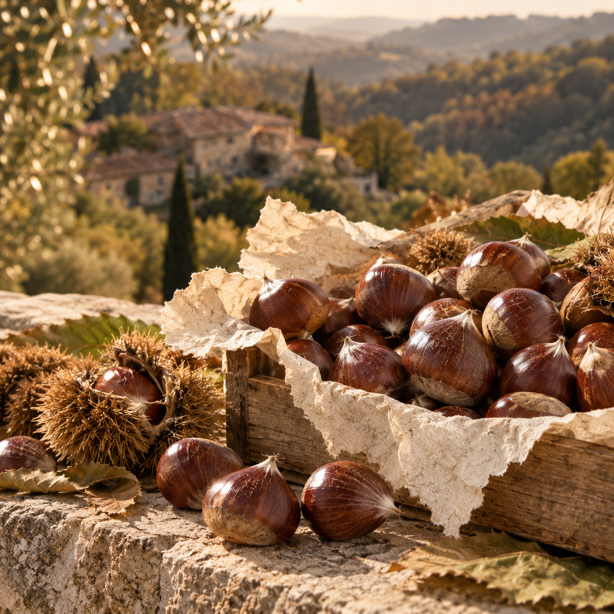 Large fresh Italian chestnuts in a wooden crate on a stone wall with an Italian hillside village in the background
