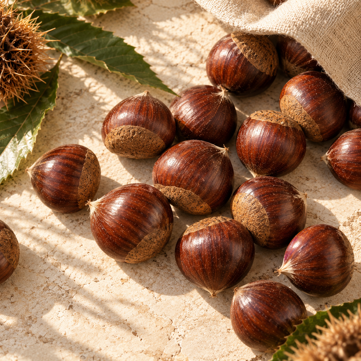 Large glossy chestnuts spilling from a burlap sack with chestnut leaves and burrs on a stone surface
