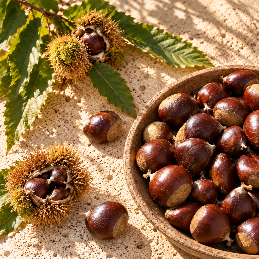 A wooden bowl filled with brown chestnuts and a few spiky brown husks, arranged on sandy ground with green leaves in warm sunlight.