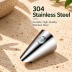 Polished nut opener finger guard on a stone surface, with text describing 304 stainless steel
