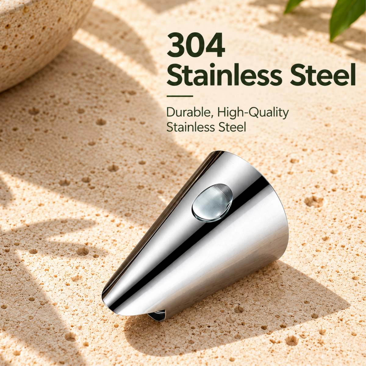 Polished nut opener finger guard on a stone surface, with text describing 304 stainless steel